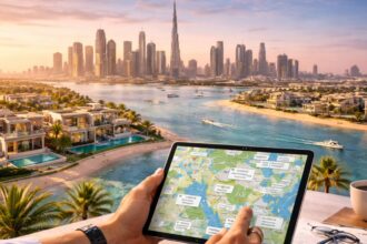 Dubai real estate investment showing skyline, luxury properties, waterfront apartments, and high ROI property areas in Dubai