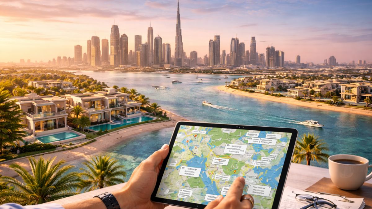 Dubai real estate investment showing skyline, luxury properties, waterfront apartments, and high ROI property areas in Dubai