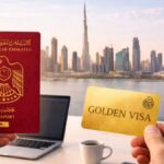 UAE Golden Visa concept showing Dubai skyline, residency approval, investors and professionals in United Arab Emirates