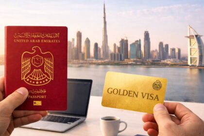 UAE Golden Visa concept showing Dubai skyline, residency approval, investors and professionals in United Arab Emirates