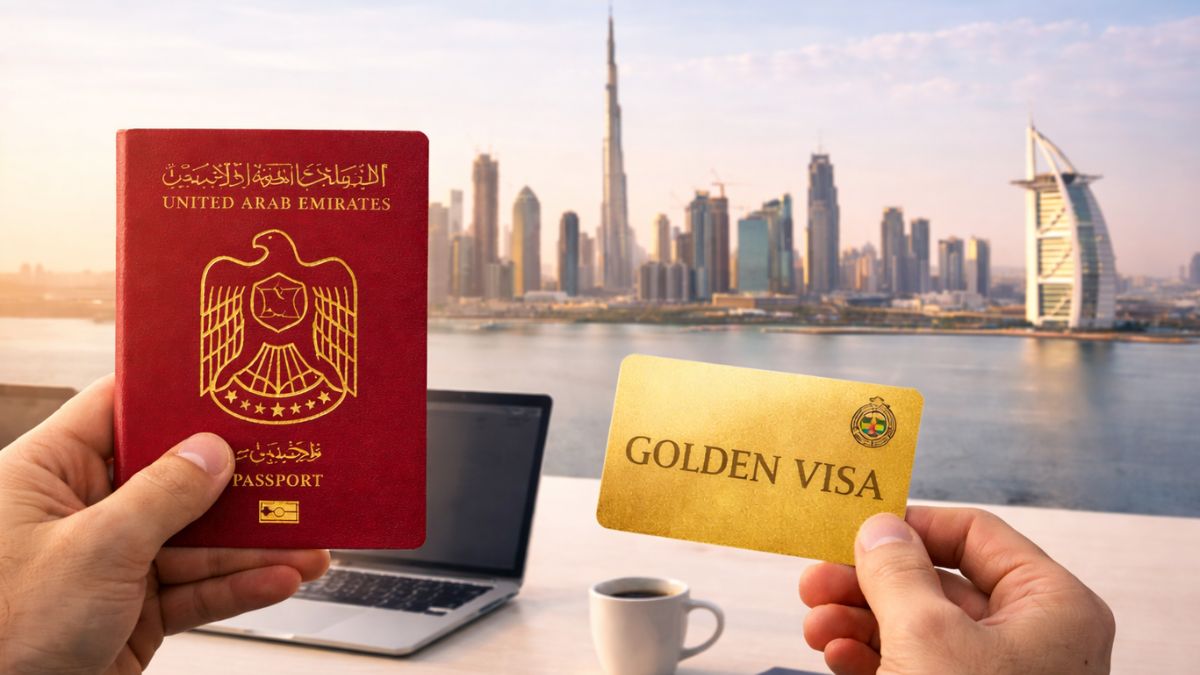 UAE Golden Visa concept showing Dubai skyline, residency approval, investors and professionals in United Arab Emirates