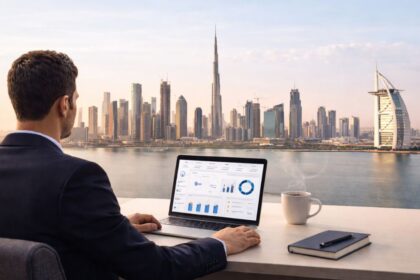 Business setup in Dubai showing modern skyline, office spaces, and entrepreneurs starting a company in UAE