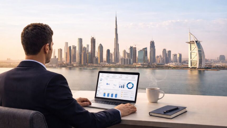 Business setup in Dubai showing modern skyline, office spaces, and entrepreneurs starting a company in UAE