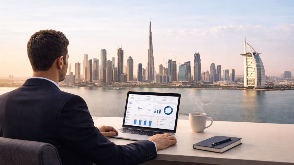 Business setup in Dubai showing modern skyline, office spaces, and entrepreneurs starting a company in UAE