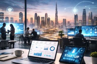 Top tech startups in Middle East showing Dubai skyline, Saudi innovation hubs, fintech and AI startup growth in GCC