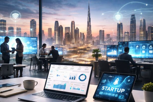 Top tech startups in Middle East showing Dubai skyline, Saudi innovation hubs, fintech and AI startup growth in GCC