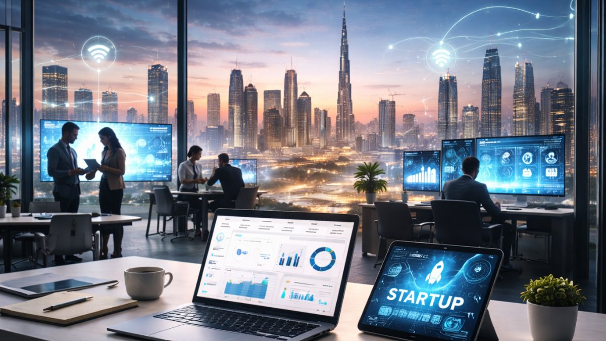 Top tech startups in Middle East showing Dubai skyline, Saudi innovation hubs, fintech and AI startup growth in GCC