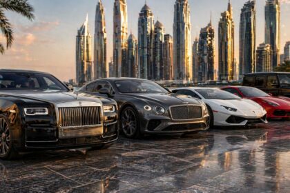 Luxury cars in Dubai featuring Lamborghini Aventador, Ferrari SF90, Rolls-Royce Phantom, Bugatti Chiron, and Bentley Bentayga on modern UAE city roads