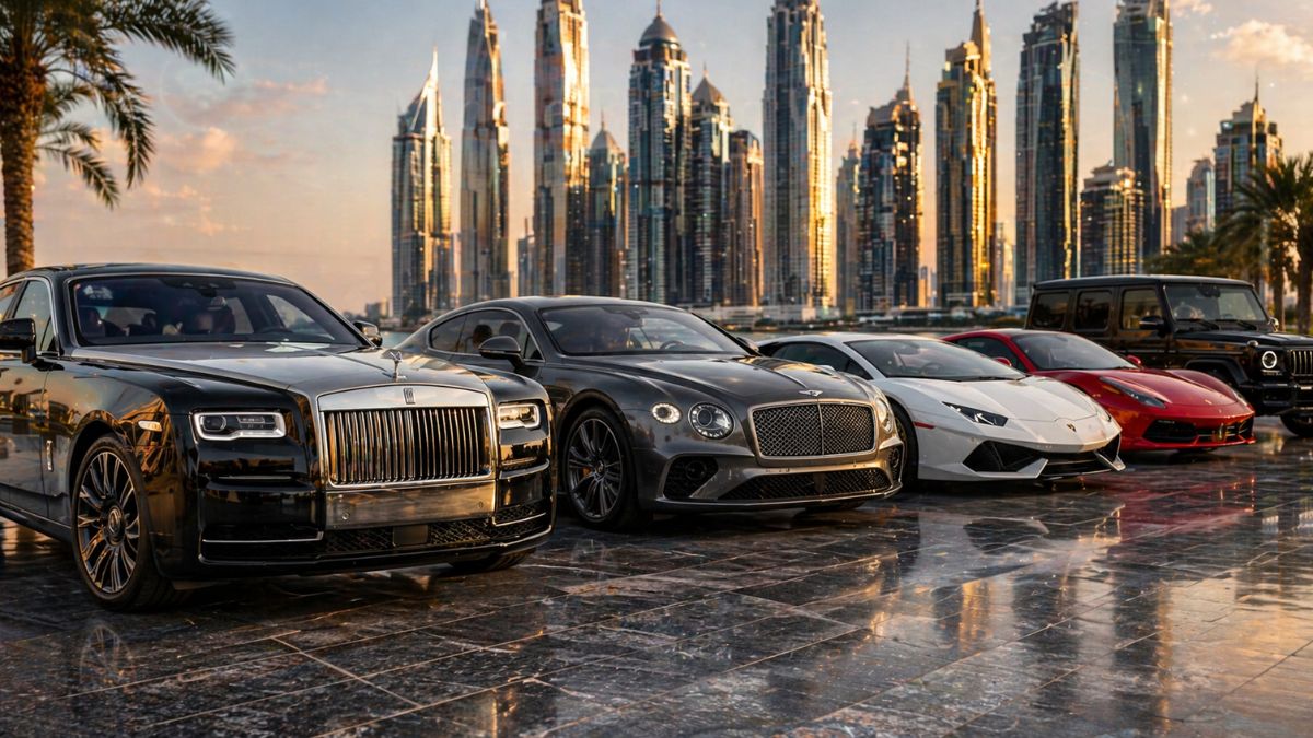 Luxury cars in Dubai featuring Lamborghini Aventador, Ferrari SF90, Rolls-Royce Phantom, Bugatti Chiron, and Bentley Bentayga on modern UAE city roads