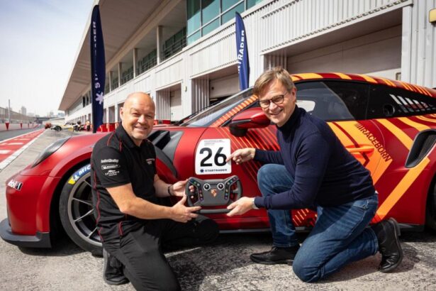 Porsche Carrera Cup Middle East race car on Gulf circuit featuring STARTRADER branding during the 2025/2026 racing season.